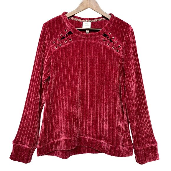 NWT Knox Rose Velour Knit‎ Sweater Top Women's Size L Shiny Burgundy-Maroon - Picture 1 of 10